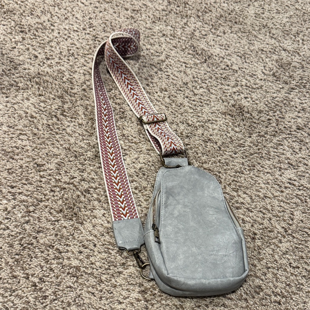 Gray Crossbody Bag with Patterned Strap